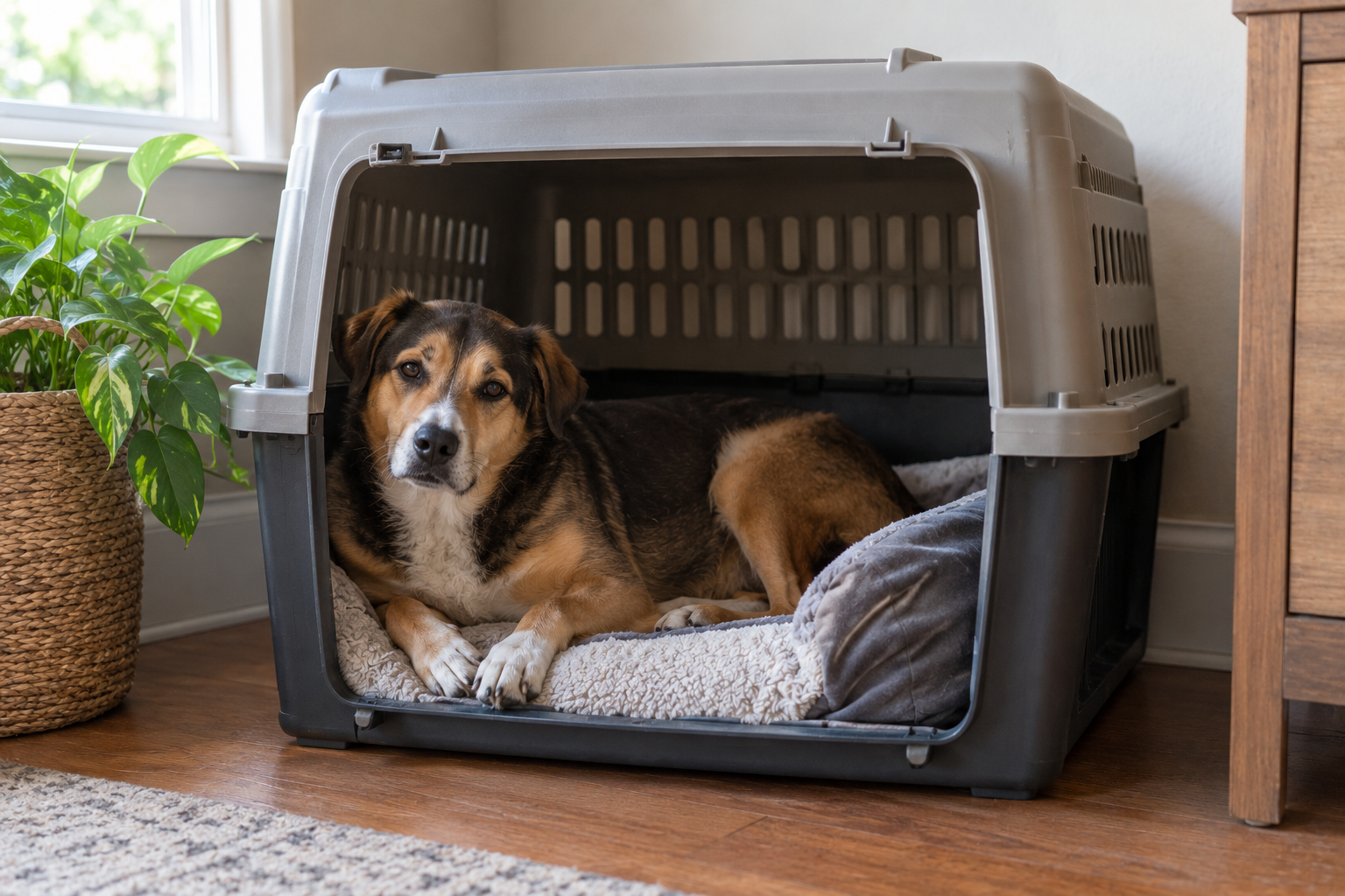 Adult rescue dog relaxing in an open crate at home