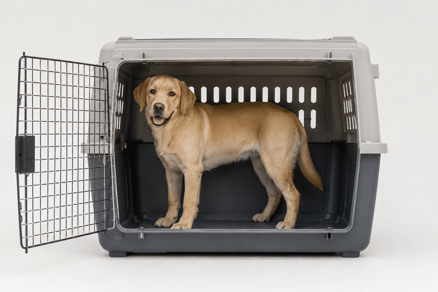 Dog standing in a plastic kennel sized so it can stand and turn around