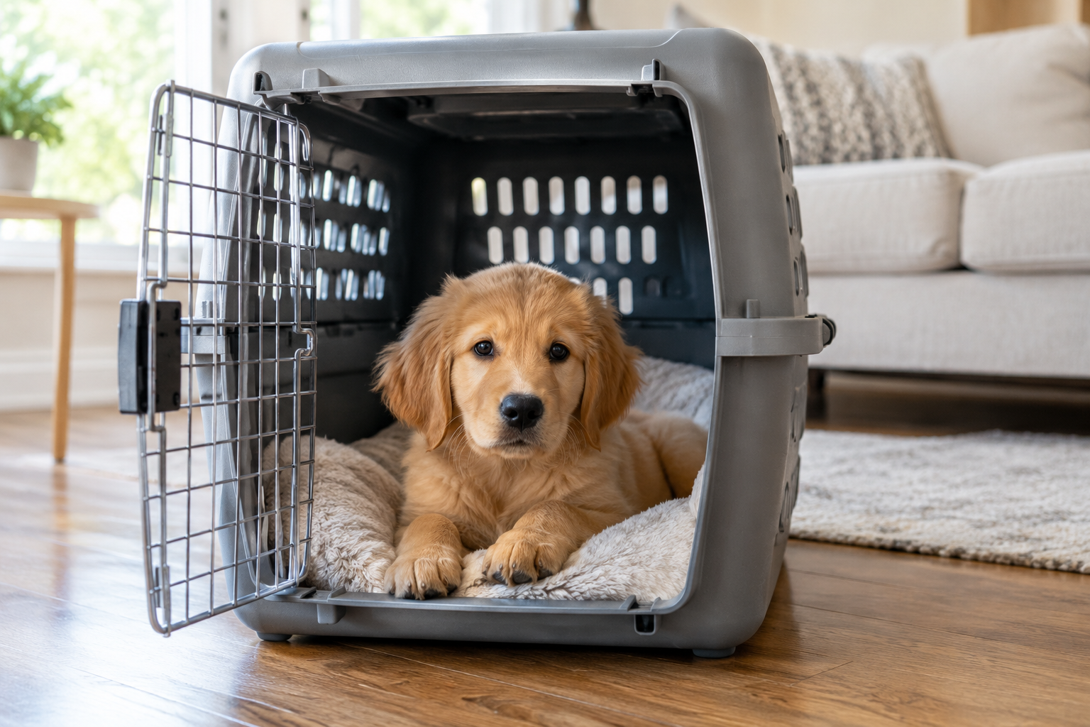 Puppy resting calmly in a plastic kennel during crate training