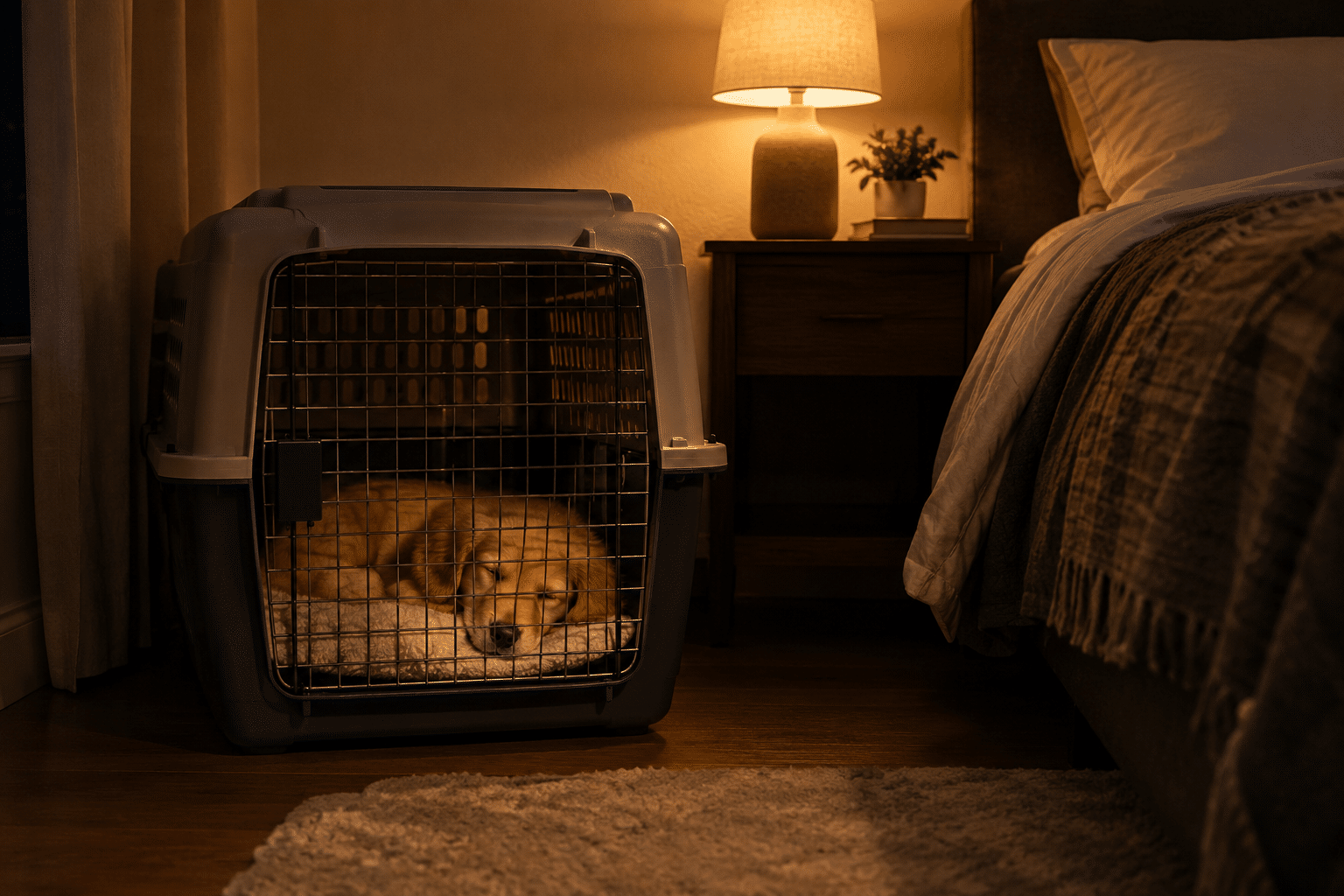 Puppy sleeping in a crate next to the owner’s bed at night